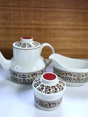 Royal Doulton Fireglow Tea Set Teapot Sugar Creamer Vintage England Fine China